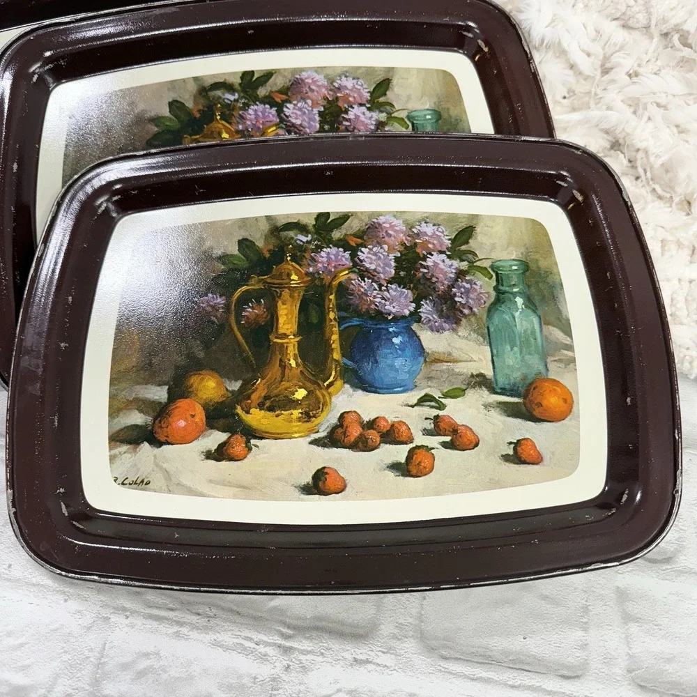 Vtg‎ Metal Autumn TV Food Trays Fruits Flowers  Farmhouse Cottagecore Set Of 8